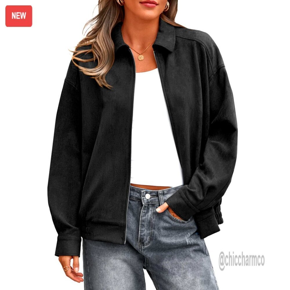 Faux Suede Bomber Jacket Oversized Zip Up Casual Winter Outerwear